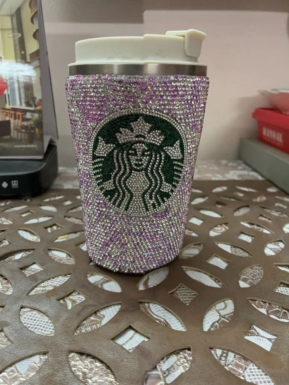 Ideal !Sparkling purple white Rhinestone crystal temp temp check Travel Tumbler